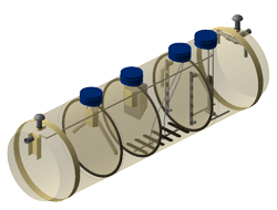 Schéma technique FLUIDFIX montrant la structure interne d'une cuve avec capteurs et bouchons bleus étanches.