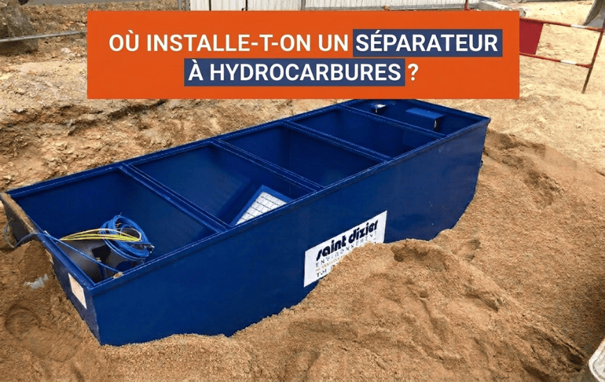 Installation d'un séparateur à hydrocarbures enterré sur un chantier avant son raccordement au réseau d'évacuation des eaux pluviales.