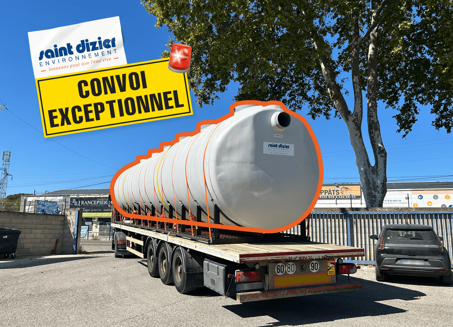 Convoi exceptionnel vers Dunkerque avec photo d'une unité de traitement des eaux pluviales sur camion