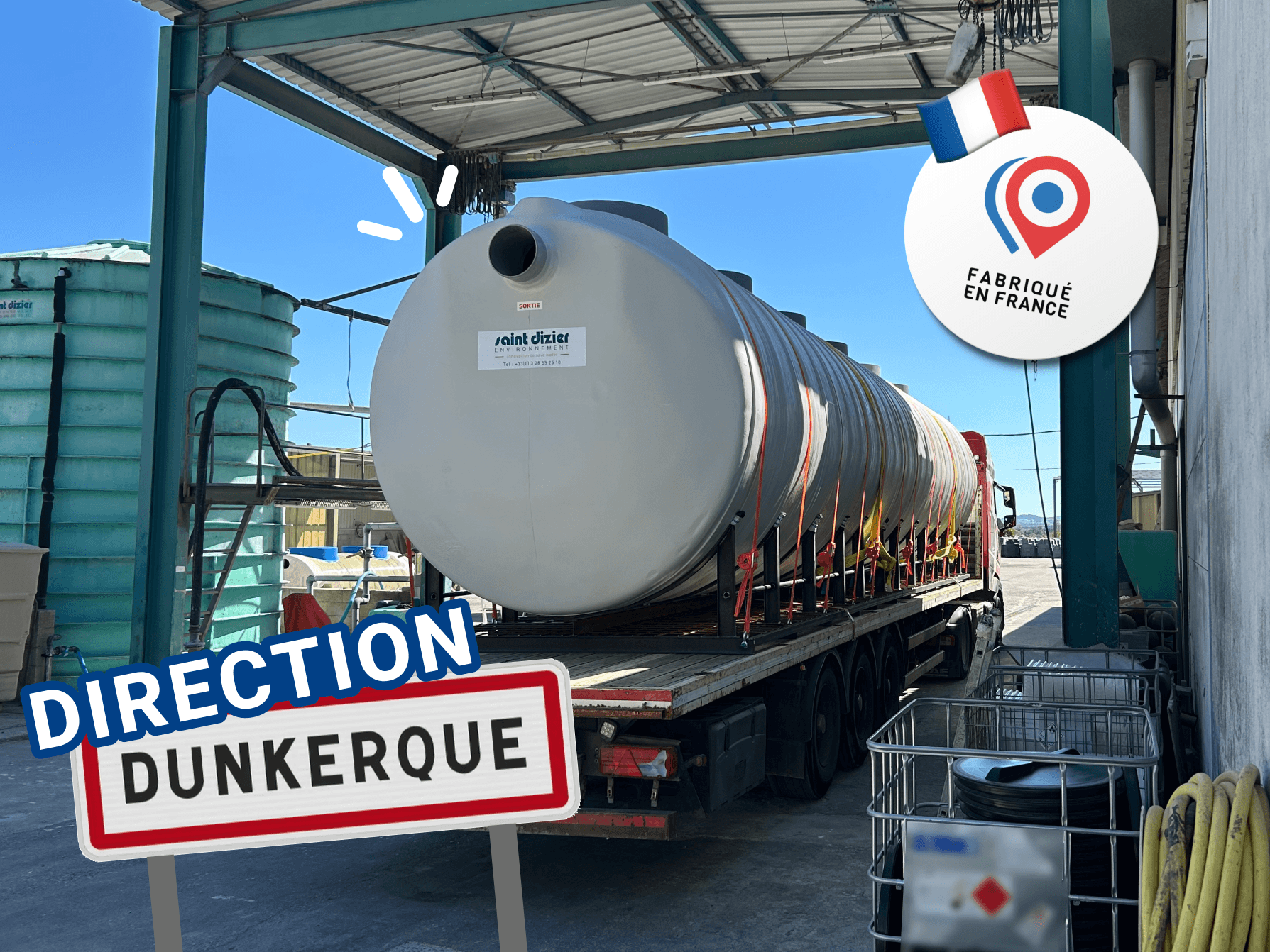 Unité de traitement des eaux pluviales sur camion avec panneau Dunkerque et Made In France